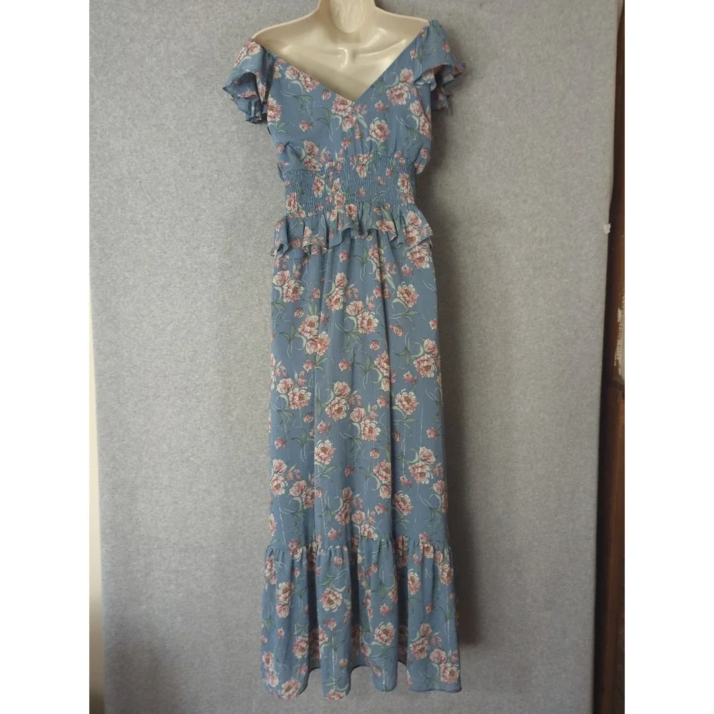 Floret Studios Luna Floral Smoked Midi‎ Tiered Off Shoulder Milkmaid Cottage S
